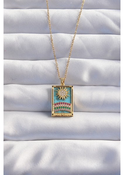 316L Çelik Zincir Gold Renk Güneş Detay Renkli Zirkon Taşlı Tarot Kolye - EBJ240820W26767