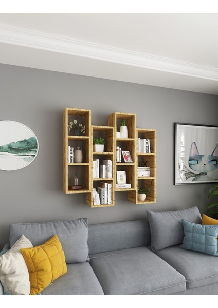 Kitaplık Mobilya Duvar Rafı Salon Aynı Renk 4 Lü Takım Atlantik Çam