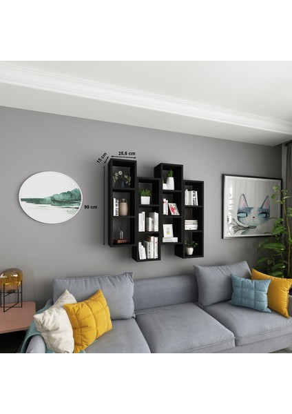 Kitaplık Mobilya Duvar Rafı Salon Aynı Renk 4 Lü Takım Siyah fiyatları