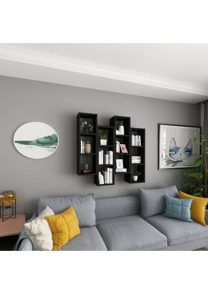 Kitaplık Mobilya Duvar Rafı Salon Aynı Renk 4 Lü Takım Siyah modelleri