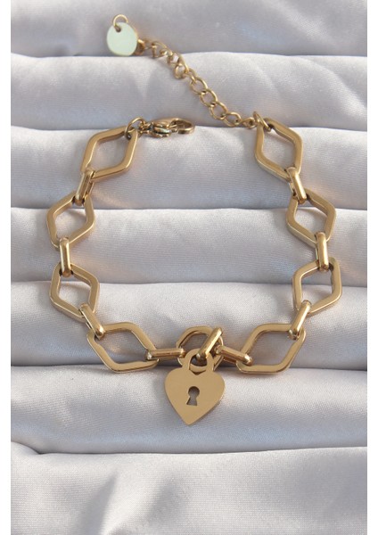 316L Çelik Gold Renk Kalp Model Zincir Bileklik - EBJ240820W26635