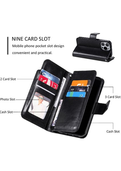 IPhone 15 Için Kılıf Pro Manyetik Pu Deri Cüzdan 9 Kart Yuvaları Kickstand (Yurt Dışından)