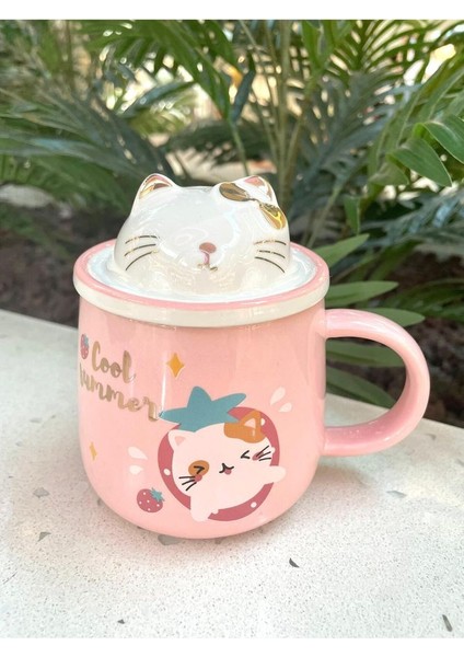 Kawai 3D Kedi Kapaklı Kaşıklı Kupa Bardak Pembe