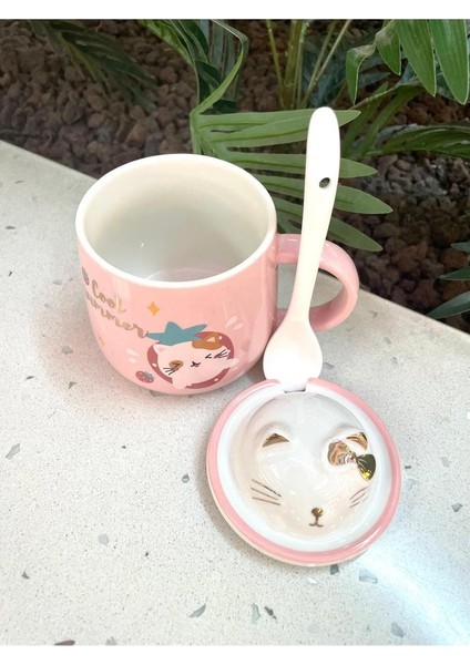 Kawai 3D Kedi Kapaklı Kaşıklı Kupa Bardak Pembe fırsatları