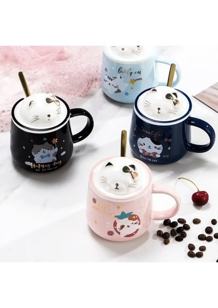Kawai 3D Kedi Kapaklı Kaşıklı Kupa Bardak Pembe indirimleri
