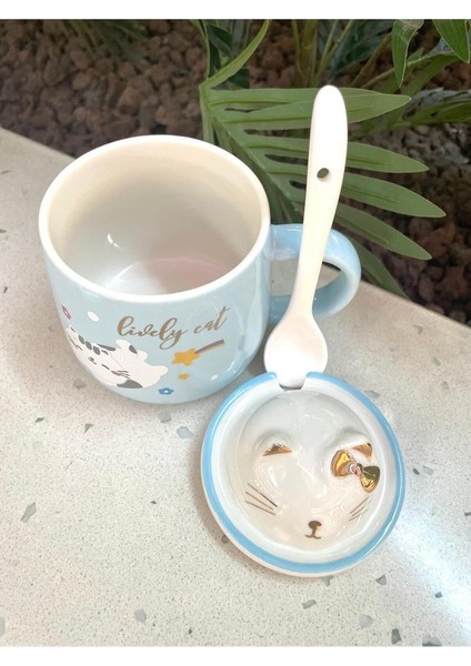 Kawai 3D Kedi Kapaklı Kaşıklı Kupa Bardak Mavi fiyatları