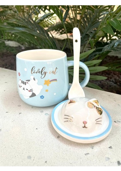 Kawai 3D Kedi Kapaklı Kaşıklı Kupa Bardak Mavi modelleri