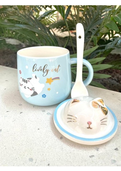 Kawai 3D Kedi Kapaklı Kaşıklı Kupa Bardak Mavi fırsatları