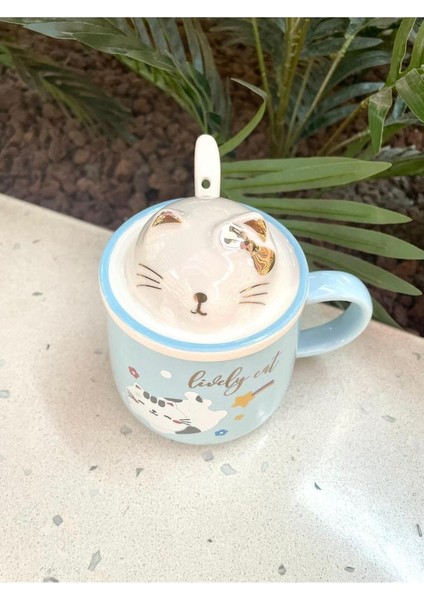 Kawai 3D Kedi Kapaklı Kaşıklı Kupa Bardak Mavi indirimleri