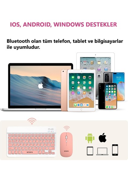 MK-23 Tüm Cihazlara Uyumlu Bluetooth Kablosuz Klavye Set Mouse Mousepadli Android Tablet Telefon