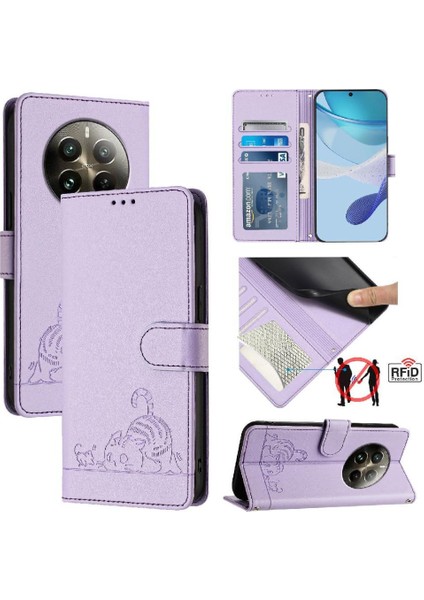 Realme 12 Pro Artı 5g Kedi Rfıd Kart Yuvası Tutucu Kickstand Cüzdan (Yurt Dışından)