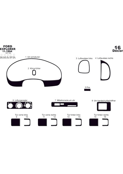 Marscockpitdesign Ford Explorer Konsol-Maun Kaplama 1993-1995 16 Parça