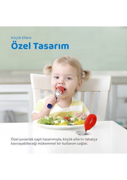 Paslanmaz Çelik Silikon Saplı Bebek Çatal ve Kaşık Seti (Kırmızı-Mavi)