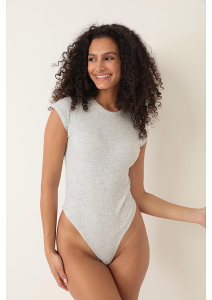 Gri Melanj Fitilli Görünümlü Bisiklet Yaka Kısa Kollu Çıtçıtlı Bodysuit- 2409