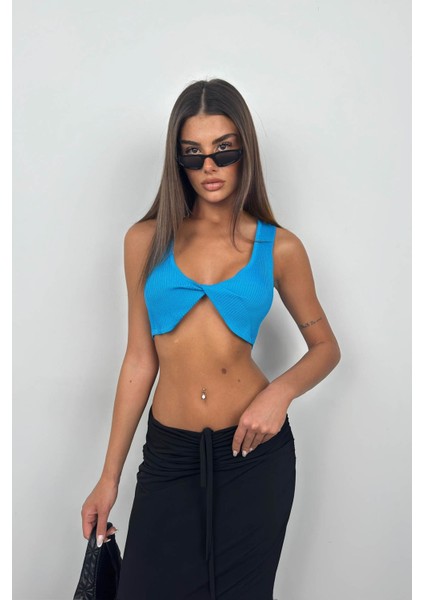 Ön Bağlamalı Mavi Crop Bluz