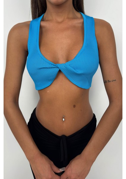 Ön Bağlamalı Mavi Crop Bluz