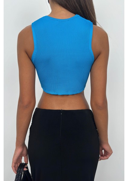 Ön Bağlamalı Mavi Crop Bluz