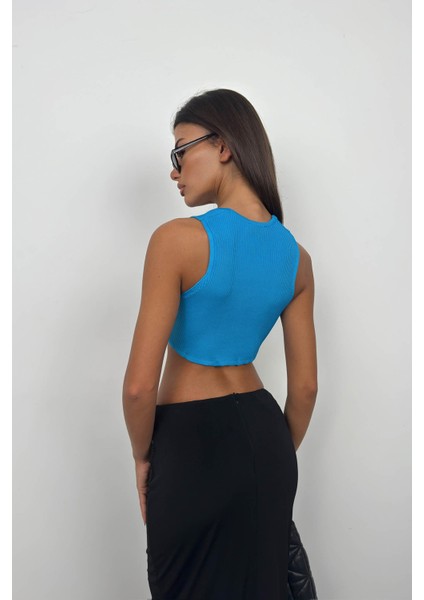 Ön Bağlamalı Mavi Crop Bluz