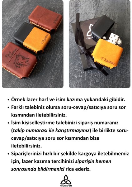 Nikuracraft Kişiye Özel Çakmak Benzinli Çakmak Deri Kılıflı Zippo Tarzı Çakmak Deri Kılıflı El Yapımı Siyah Kartal Desenli Hakiki Deri Çakmak
