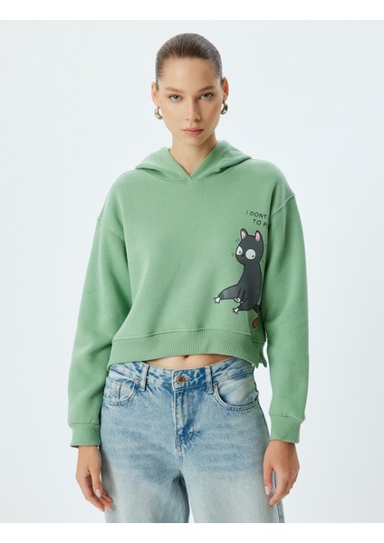 Crop Oversize Sweatshirt Kapüşonlu Kedi Baskılı Şardonlu modelleri