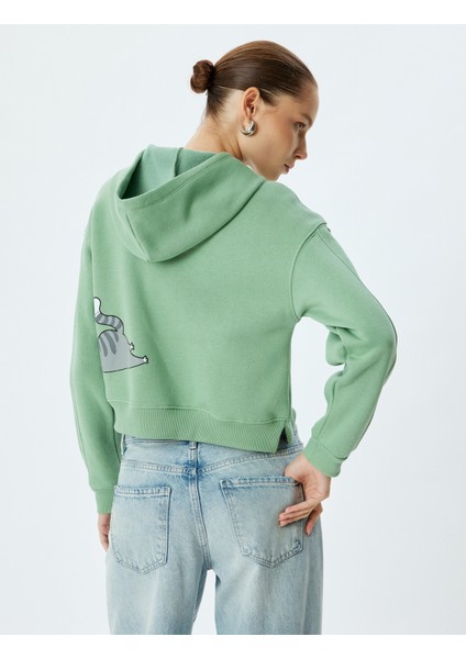 Crop Oversize Sweatshirt Kapüşonlu Kedi Baskılı Şardonlu fırsatları