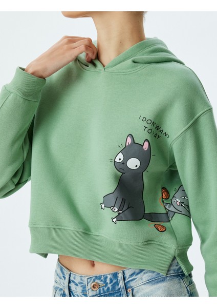 Crop Oversize Sweatshirt Kapüşonlu Kedi Baskılı Şardonlu indirimleri