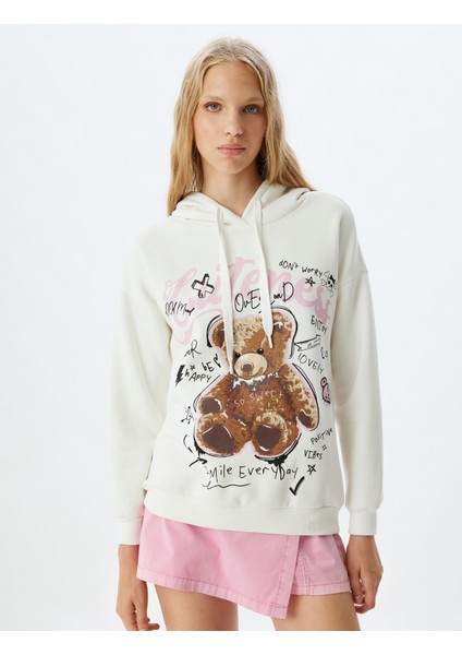 Kapüşonlu Sweatshirt Ayı Baskılı Sloganlı Rahat Kalıp modelleri