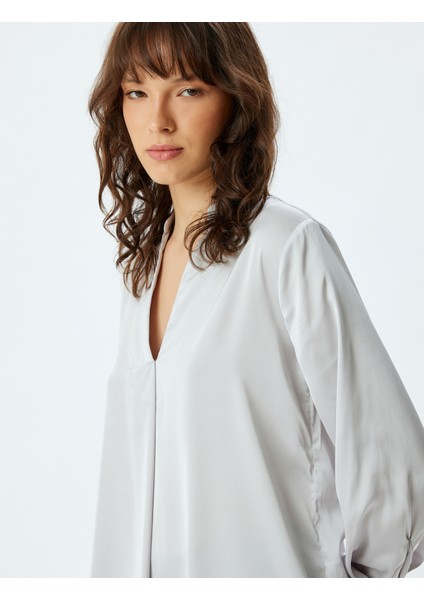 Saten Bluz Hakim Yaka Manşetli Uzun Kollu