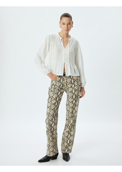 Yılan Derisi Görünümlü Pantolon Straight Fit Düz Paça Düğmeli - Straight Fit Jean fiyatları