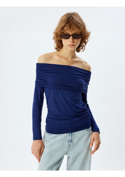 Uzun Kollu Tişört Madonna Yaka Drapeli Slim Fit modelleri