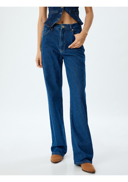 Yüksek Bel Kot Pantolon Düz Paça Düğmeli Pamuklu - Straight Fit Jean modelleri