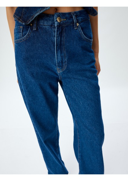 Yüksek Bel Kot Pantolon Düz Paça Düğmeli Pamuklu - Straight Fit Jean indirimleri