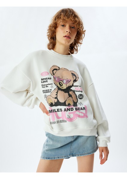 Oversize Sweatshirt Ayı Temalı Arkası Baskılı Bisiklet Yaka Şardonlu