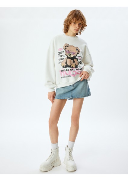 Oversize Sweatshirt Ayı Temalı Arkası Baskılı Bisiklet Yaka Şardonlu fiyatları