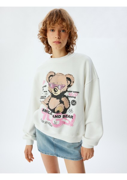 Oversize Sweatshirt Ayı Temalı Arkası Baskılı Bisiklet Yaka Şardonlu modelleri