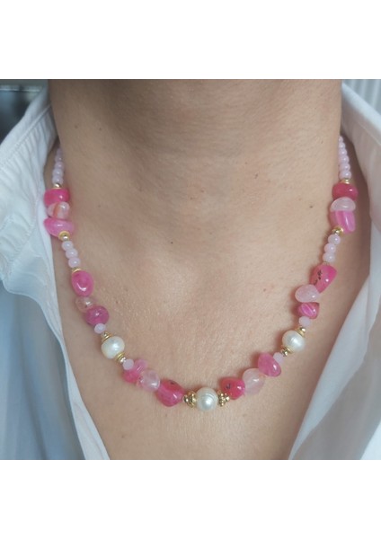 Pembe Kristal Kuvars Taşlı Gerçek Incili Kolye