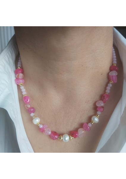 Pembe Kristal Kuvars Taşlı Gerçek Incili Kolye