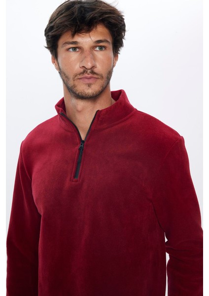 Erkek Dik Yaka Tüylenme Yapmayan Soğuk Geçirmez Standart Fit Rahat Kesim Polar Bordo Sweatshirt