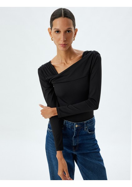 Asimetrik Yaka Bluz Uzun Kollu Slim Fit