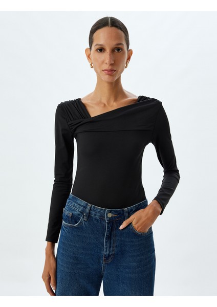 Asimetrik Yaka Bluz Uzun Kollu Slim Fit modelleri
