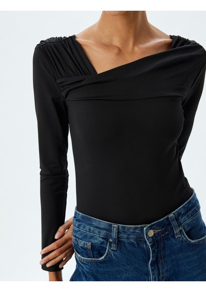 Asimetrik Yaka Bluz Uzun Kollu Slim Fit indirimleri