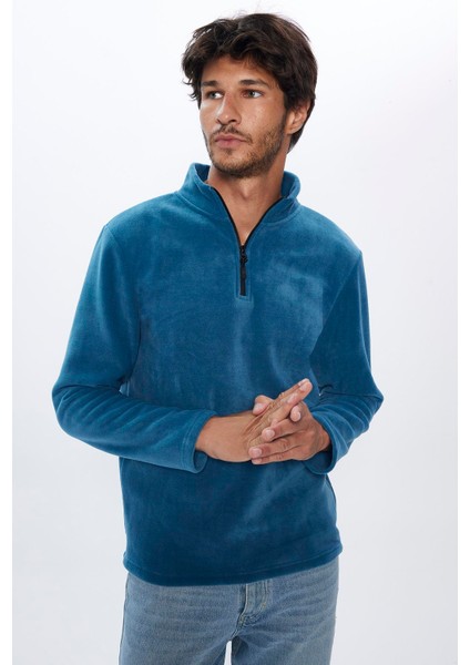 Erkek Standart Fit Rahat Kesim Tüylenme Yapmayan Soğuk Geçirmez Indigo Dik Yaka Polar Sweatshirt