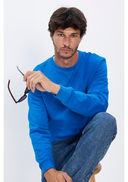 Relax Fit Rahat Kesim  Pamuk Basic Saks Mavi Bisiklet Yaka Sweatshirt