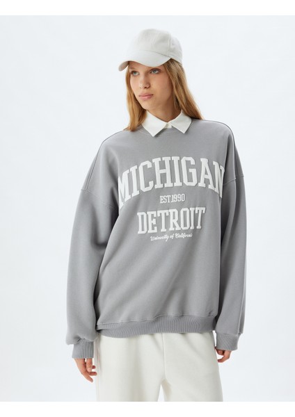 Bisiklet Yaka Sweatshirt Oversize Kolej Baskılı Uzun Kollu Şardonlu modelleri