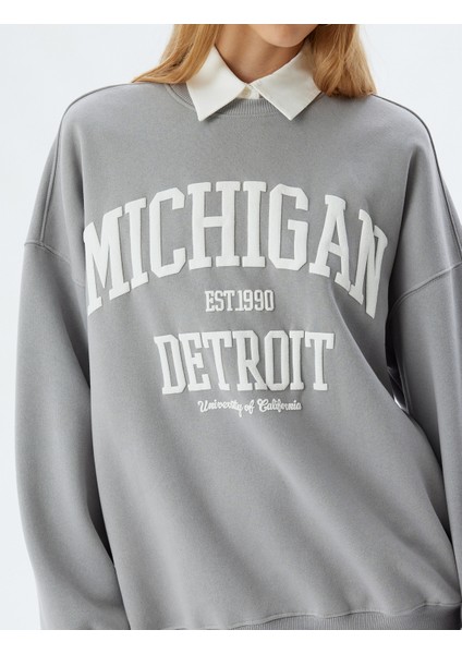 Bisiklet Yaka Sweatshirt Oversize Kolej Baskılı Uzun Kollu Şardonlu indirimleri