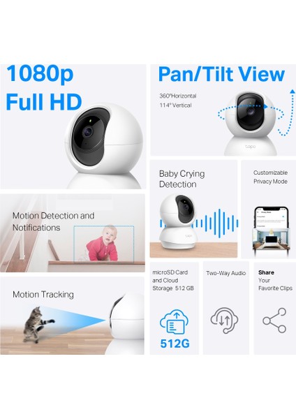 Tapo C200C, 1080P Full Hd, Hareket Tespit ve Takibi, 360°, 9m Gece Görüşü, Çift Yönlü Ses, Sesli Alarm, Bulut/yerel Depolama, Bebek Ağlaması Tespiti, Iç Mekan Wi-Fi Güvenlik Kamerası
