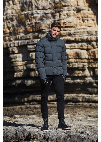 Erkek Dik Yaka Yağmur ve Rüzgar Geçirmez Puffer Mont Antrasit - 775DNGR