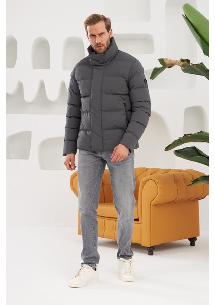 Erkek Dik Yaka Yağmur ve Rüzgar Geçirmez Puffer Mont Antrasit - 775DNGR fırsatları