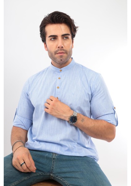 Slim Fit Uzun Kol Hakim Yaka Yarım Patlı Erkek Gömlek Açık Mavi fiyatları