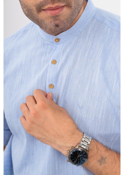 Slim Fit Uzun Kol Hakim Yaka Yarım Patlı Erkek Gömlek Açık Mavi modelleri